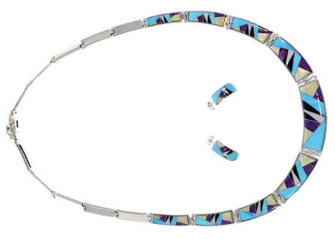 Multicolor Turquoise Inlay Sterling Silver Link Necklace Set NS41238